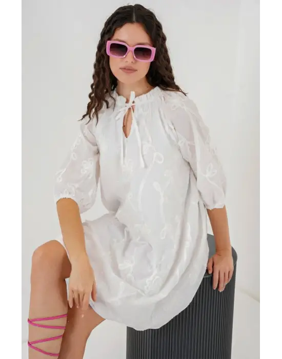 Desenli Kısa Elbise 2528 - Beyaz