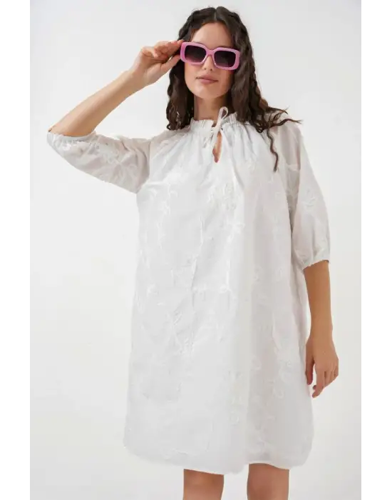 Desenli Kısa Elbise 2528 - Beyaz