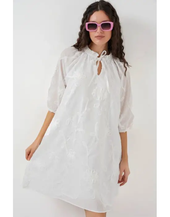 Desenli Kısa Elbise 2528 - Beyaz