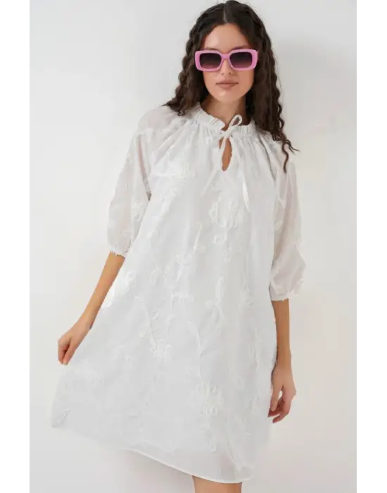 Desenli Kısa Elbise 2528 - Beyaz