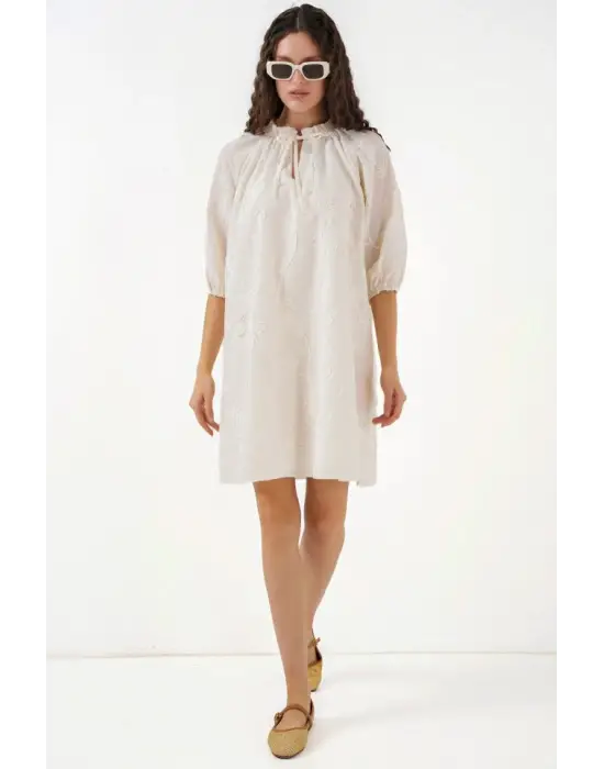 Desenli Kısa Elbise 2528 - Krem