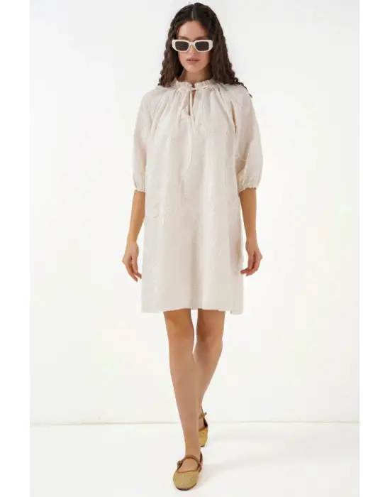 Desenli Kısa Elbise 2528 - Krem