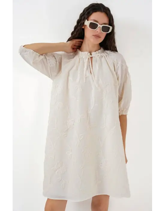 Desenli Kısa Elbise 2528 - Krem