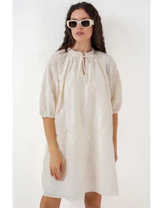 Desenli Kısa Elbise 2528 - Krem