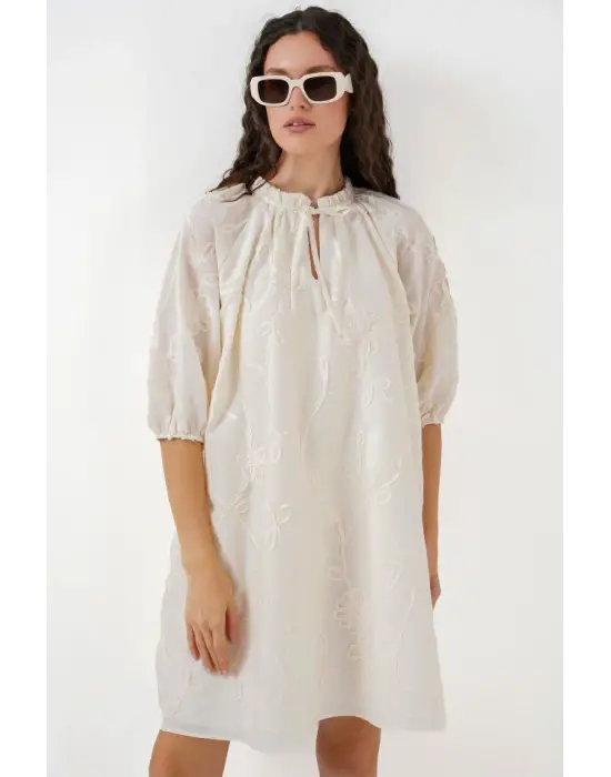 Desenli Kısa Elbise 2528 - Krem