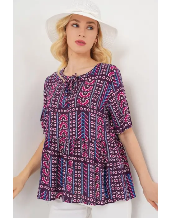 Desenli Kısa Kol Bluz 969 - Bordo