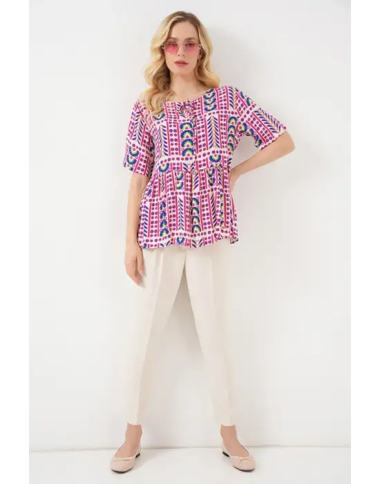 Desenli Kısa Kol Bluz 969 - Fuşya