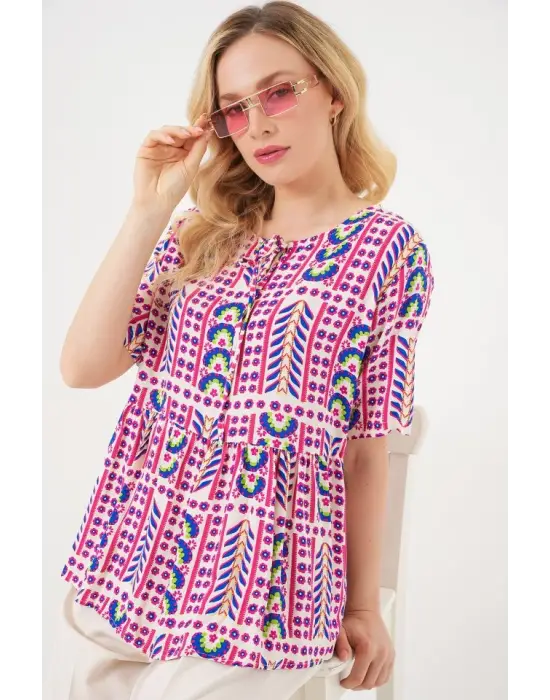 Desenli Kısa Kol Bluz 969 - Fuşya