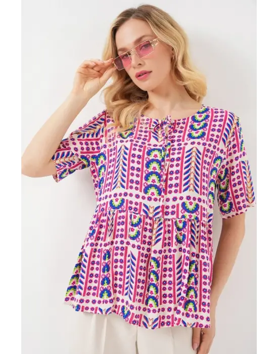 Desenli Kısa Kol Bluz 969 - Fuşya