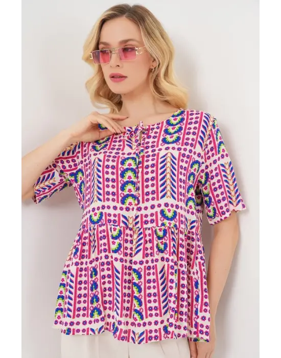 Desenli Kısa Kol Bluz 969 - Fuşya