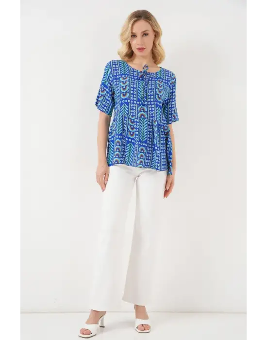 Desenli Kısa Kol Bluz 969 - Saks