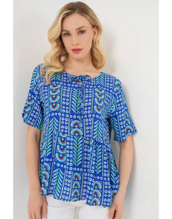 Desenli Kısa Kol Bluz 969 - Saks