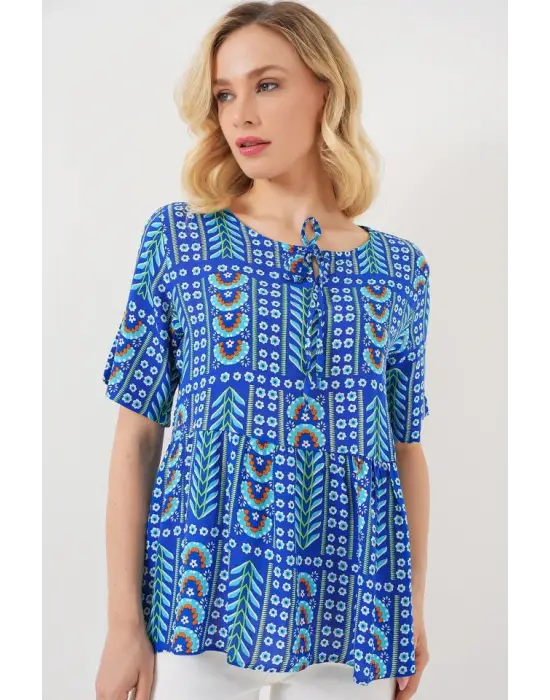 Desenli Kısa Kol Bluz 969 - Saks