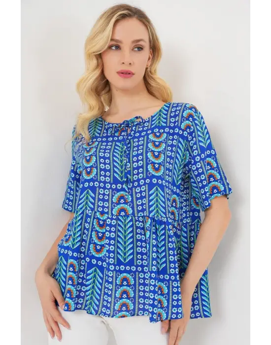 Desenli Kısa Kol Bluz 969 - Saks