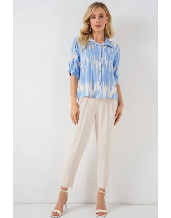 Desenli Kısa Kol Crop Gömlek 20337 - Mavi