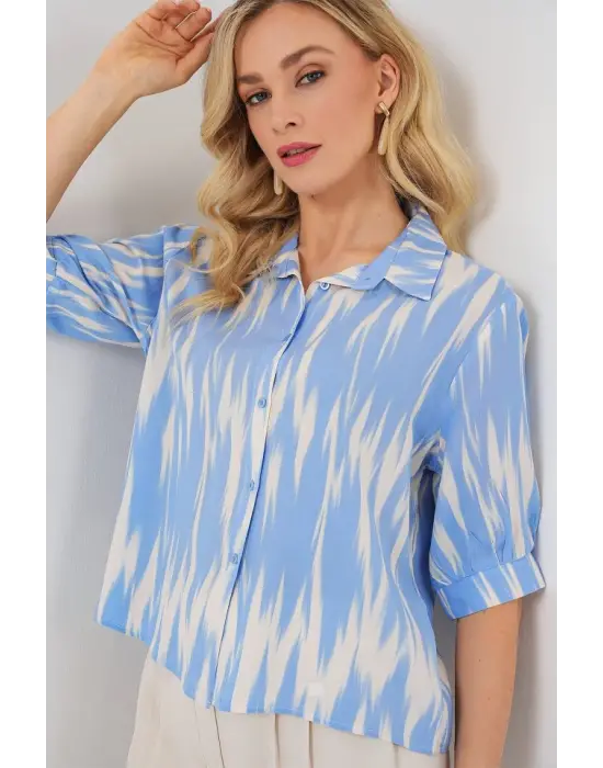 Desenli Kısa Kol Crop Gömlek 20337 - Mavi
