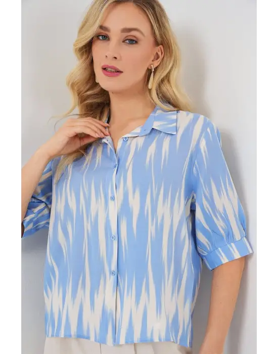 Desenli Kısa Kol Crop Gömlek 20337 - Mavi