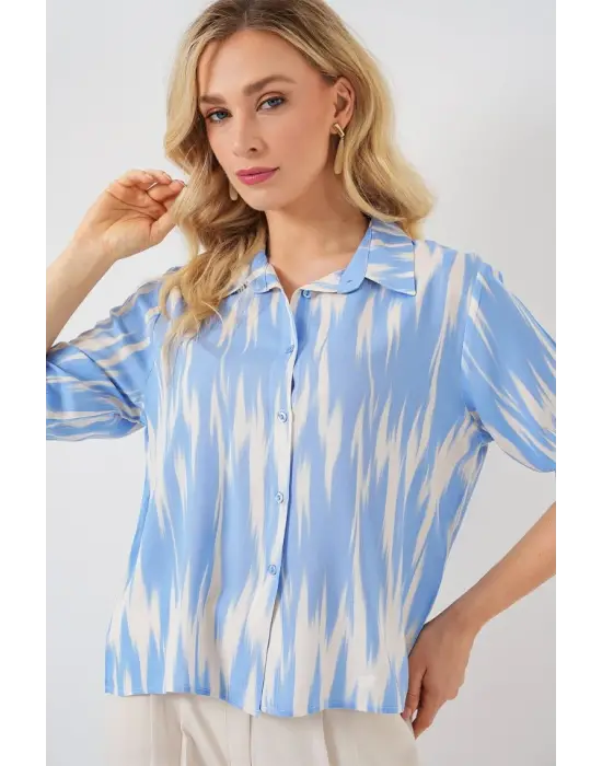 Desenli Kısa Kol Crop Gömlek 20337 - Mavi