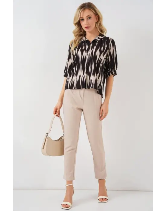 Desenli Kısa Kol Crop Gömlek 20337 - Siyah