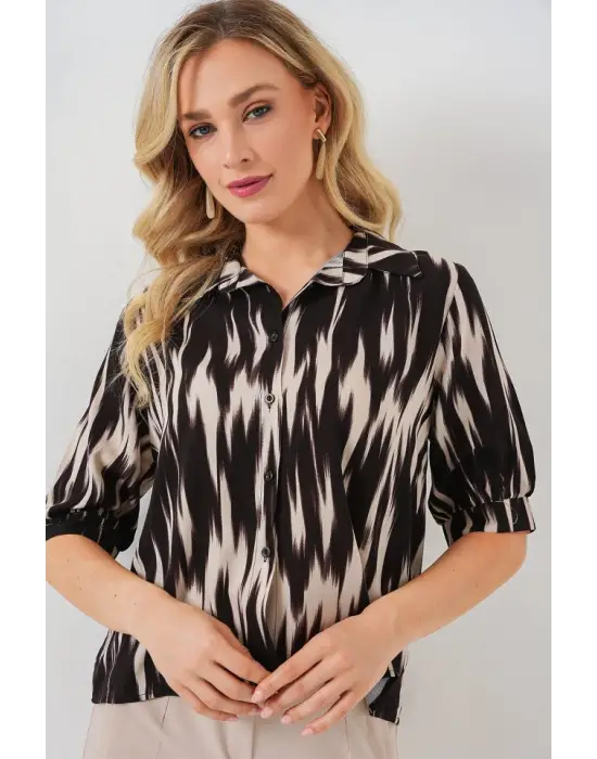 Desenli Kısa Kol Crop Gömlek 20337 - Siyah