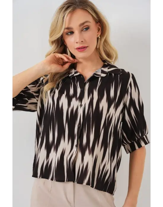 Desenli Kısa Kol Crop Gömlek 20337 - Siyah