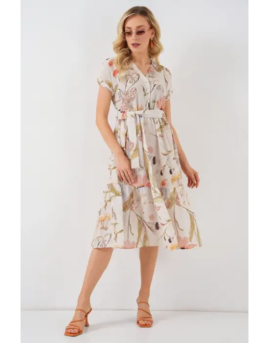 Desenli Kısa Kol Elbise 2558 - Krem