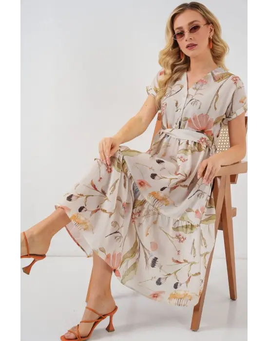 Çarpıcı Desenli Kısa Kol Elbise