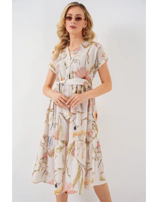 Çarpıcı Desenli Kısa Kol Elbise