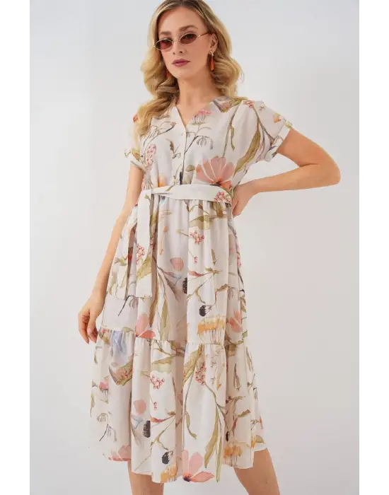 Çarpıcı Desenli Kısa Kol Elbise