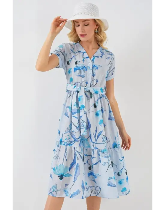 Desenli Kısa Kol Elbise 2558 - Mavi