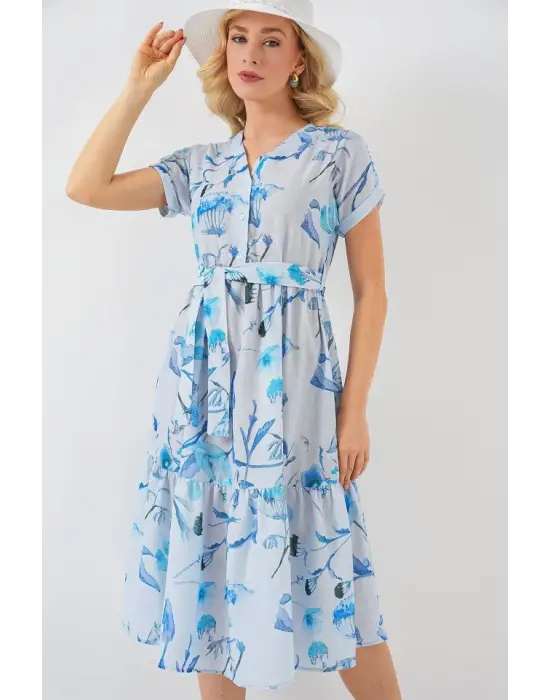 Modern Desenli Kısa Kol Elbise - Mavi