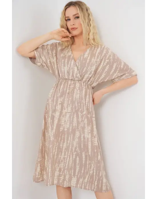 Desenli Kısa Kol Elbise 2569 - Bej