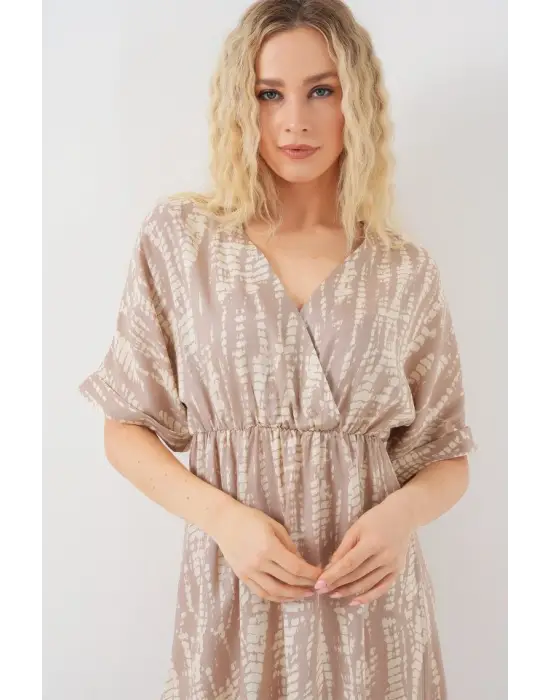 Desenli Kısa Kol Elbise 2569 - Bej