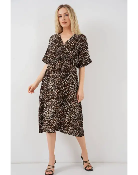Desenli Kısa Kol Elbise 2569 - C. Kahverengi