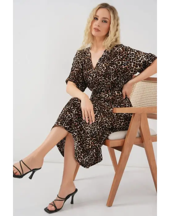 Desenli Kısa Kol Elbise 2569 - C. Kahverengi