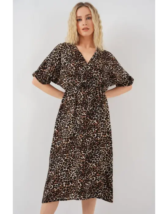 Desenli Kısa Kol Elbise 2569 - C. Kahverengi