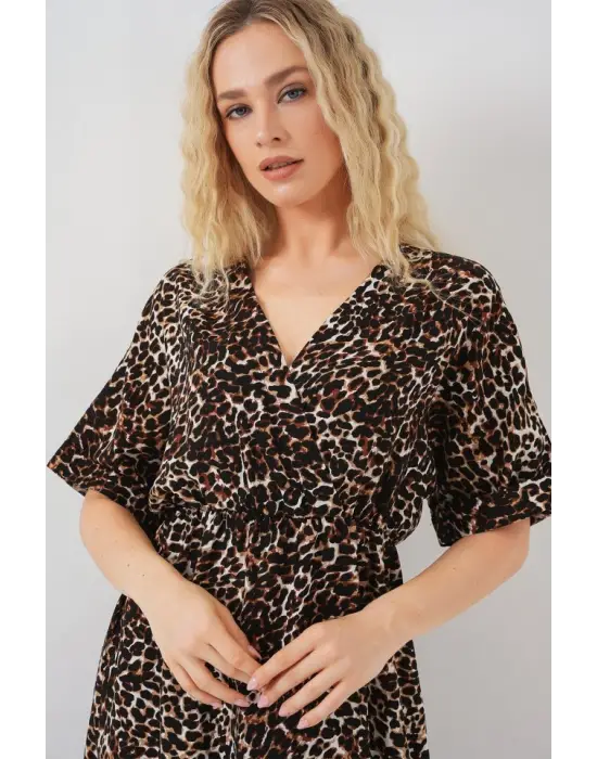 Desenli Kısa Kol Elbise 2569 - C. Kahverengi