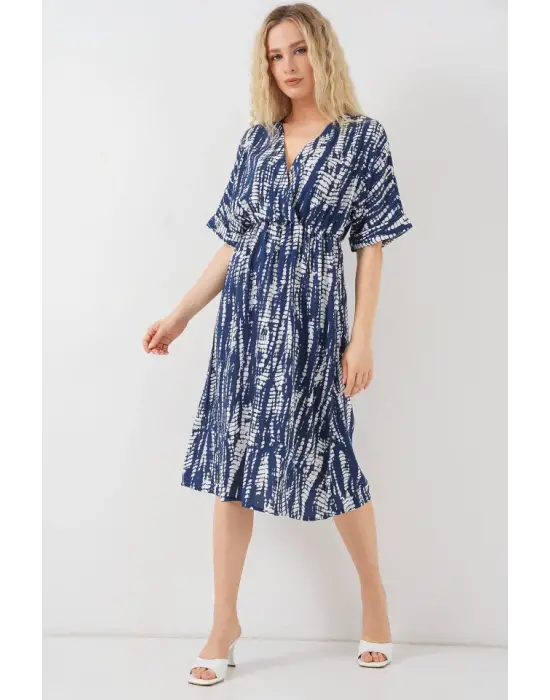 Desenli Kısa Kol Elbise - Zarif Lacivert