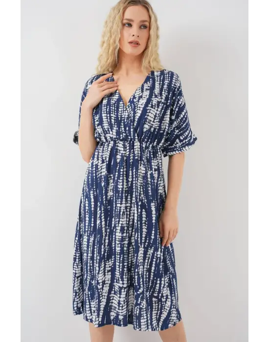 Desenli Kısa Kol Elbise - Zarif Lacivert