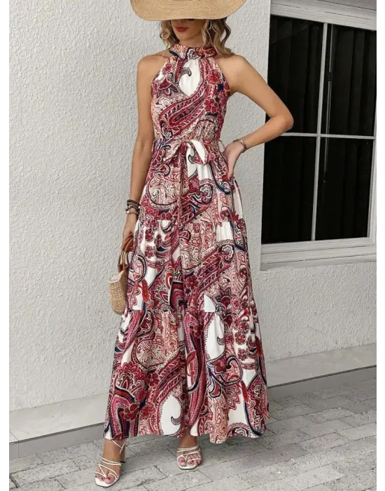 Omarı Kadın Desenli Maksi Boy Elbise