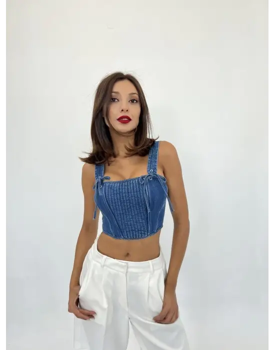 Omarı Retro Tarzda Mavi Kot Bluz