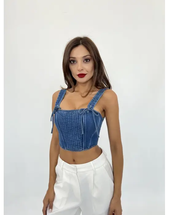 Omarı Retro Tarzda Mavi Kot Bluz