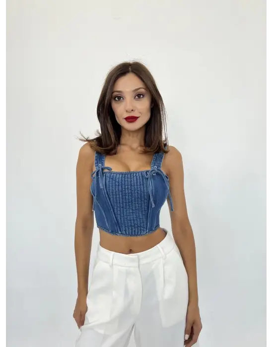 Omarı Retro Tarzda Mavi Kot Bluz