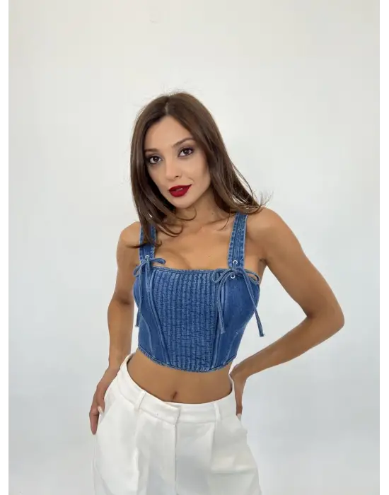 Omarı Retro Tarzda Mavi Kot Bluz