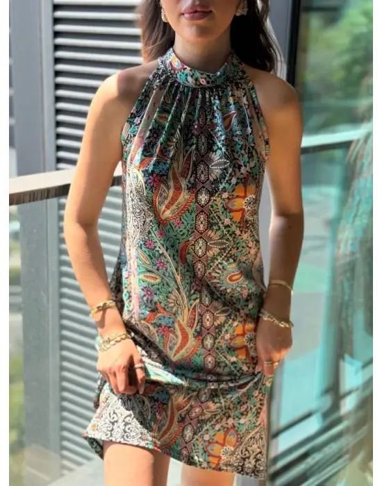 Omarı Desenli Midi Elbise