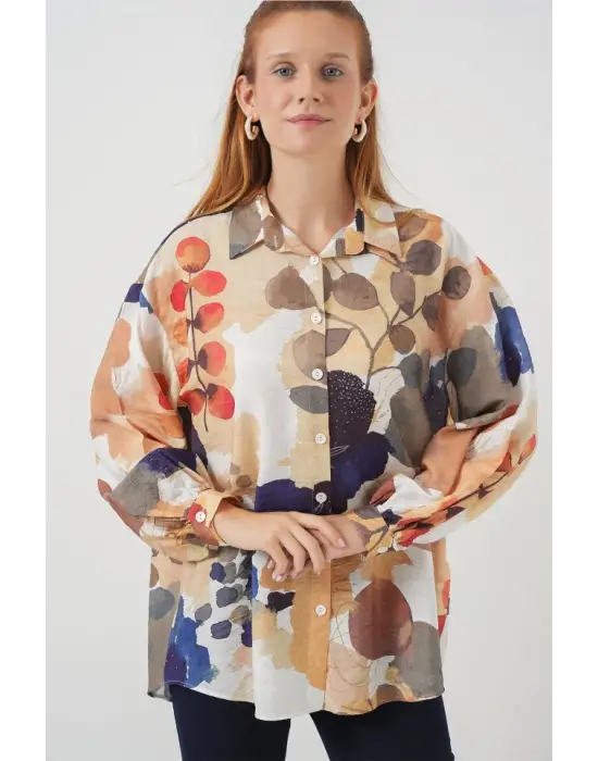 Desenli Overize Gömlek Tunik 5971 - Lacivert