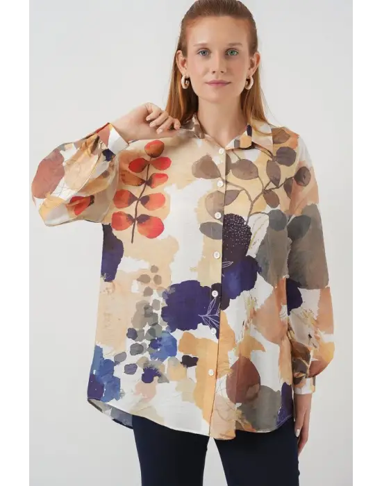 Desenli Overize Gömlek Tunik 5971 - Lacivert