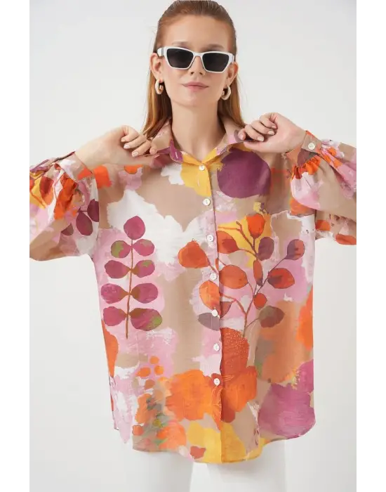 Desenli Overize Gömlek Tunik 5971 - Turuncu