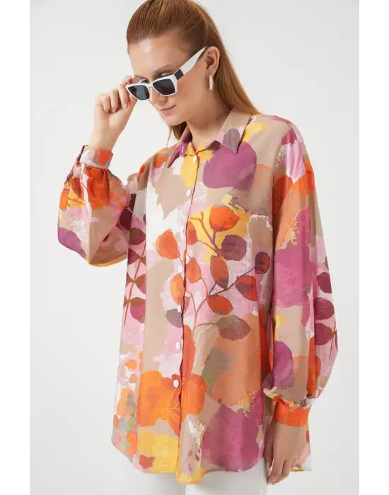 Desenli Overize Gömlek Tunik 5971 - Turuncu