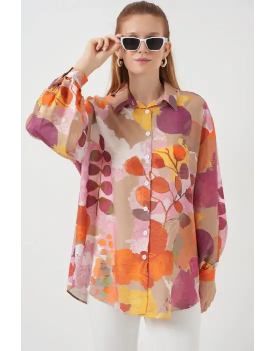 Desenli Overize Gömlek Tunik 5971 - Turuncu